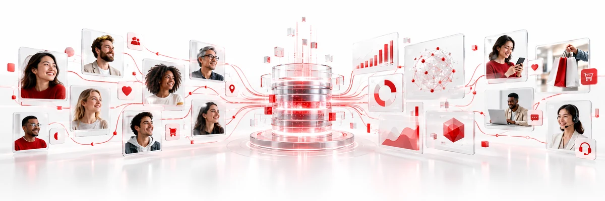 Customer touchpoints, analytics, mobile engagement, and service teams connected through a central unified data platform.