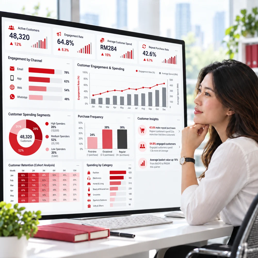 Woman reviewing a customer engagement dashboard